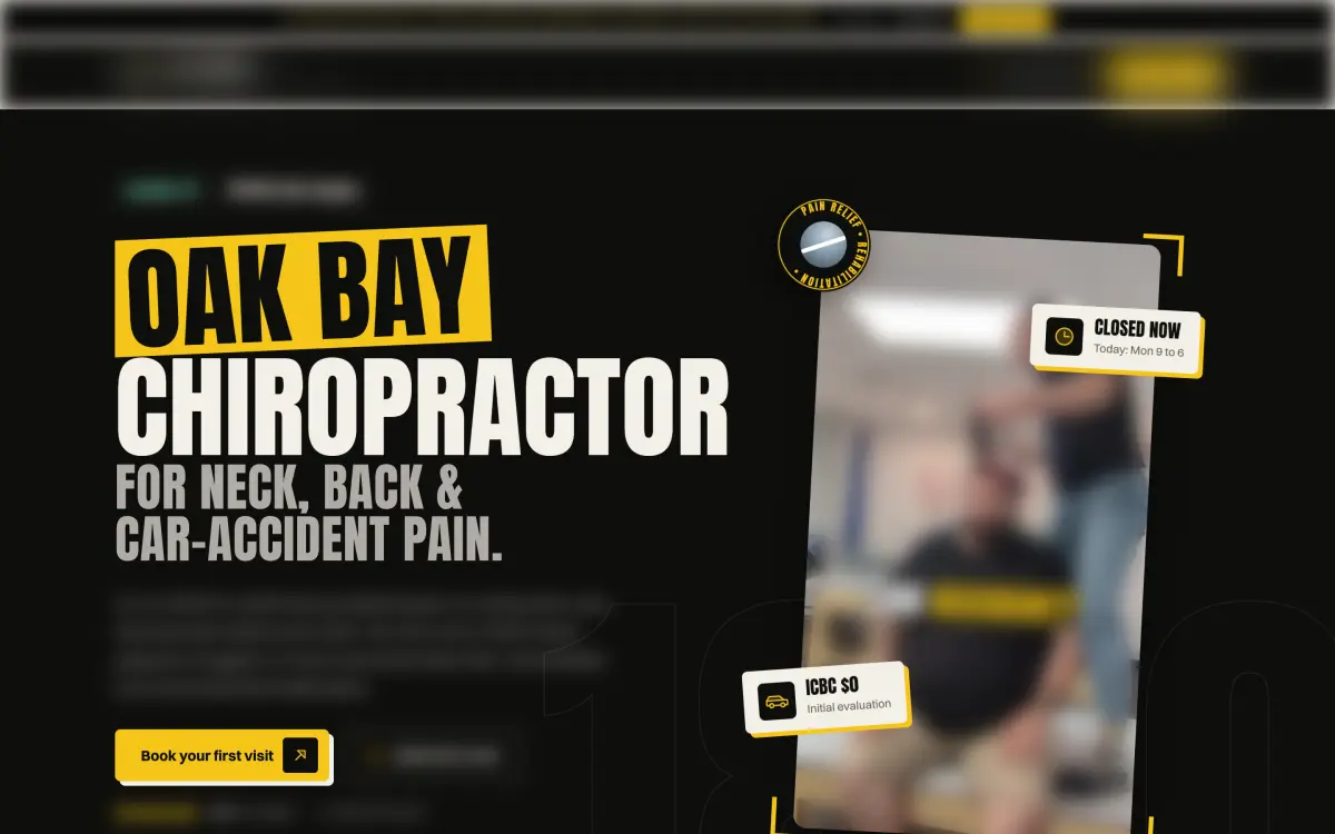 Chiropractor landing page concept in black and yellow with a video frame and booking button