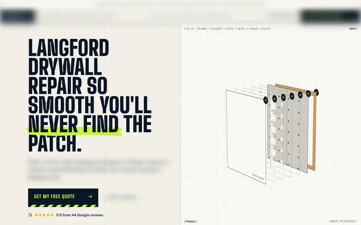 Drywall repair landing page concept with a bold condensed headline and an exploded wall diagram