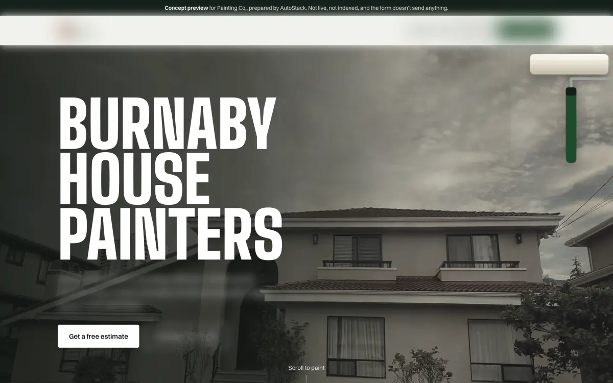 House painting landing page concept where scrolling paints a real house photo